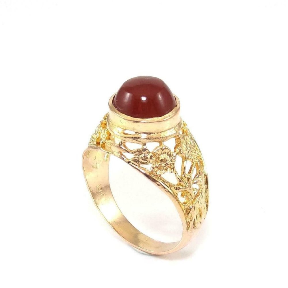 Vintage 18K Yellow Gold Carnelian Deer Hummingbird Flower Ring Size 7.75